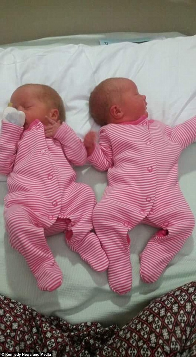 Beth gave birth to 5lb 10oz daughter Willow and Freya, 5lb 1oz, as her boyfriend lay sleeping across the landing