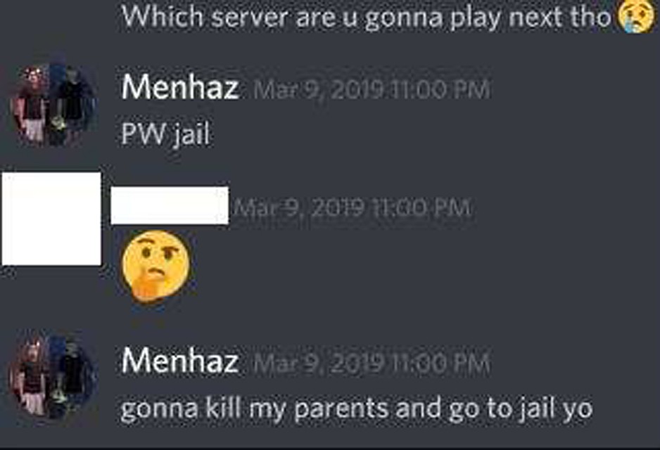 оммент Менхаза, написанный в марте 2019: «Собираюсь убить родителей и отправиться в тюрьму». 