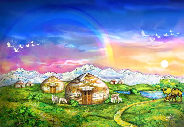 Kazakh Village Yurt Sheep Mountains Lakes Aul Painting Ethnos Painting Stock Photo