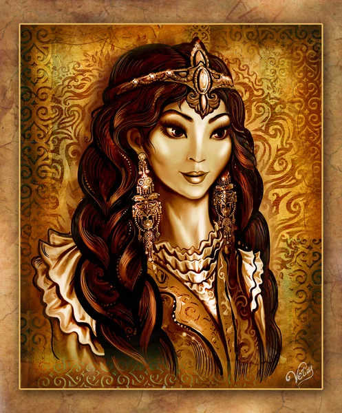 Красивая Иллюстрация Казахская Женщина Жена Краевое Платье Красивые Глаза Восточная Стоковое Изображение