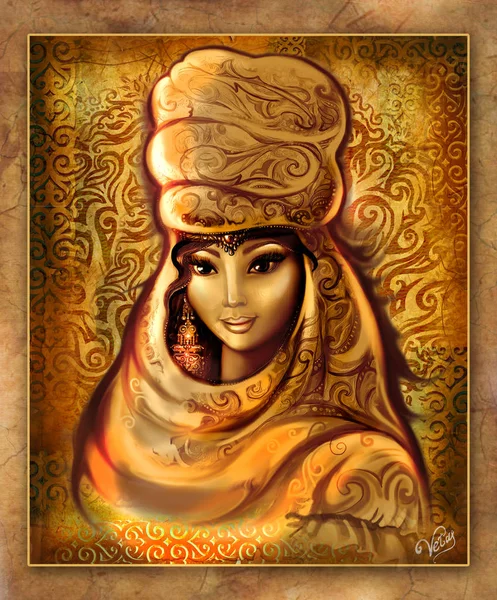 Beautiful Illustration Kazakh Woman Wife Krai Dress Beautiful Eyes Oriental Stock Photo