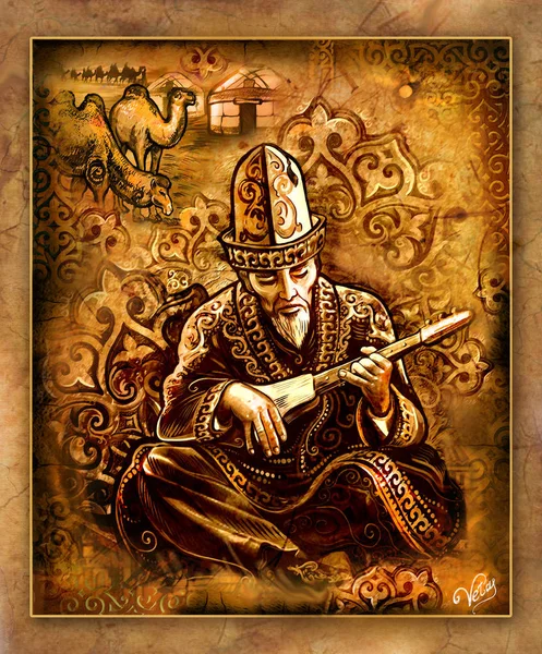 Painting Asia Motif Sage Illustration Kazakh Singer Musical Instrument Dombra Stock Photo