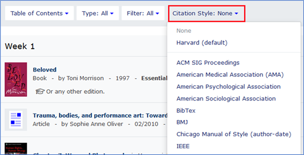 Showing the citation style menu