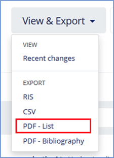 Showing View & Export menu, showing the option to view export your list as a PDF